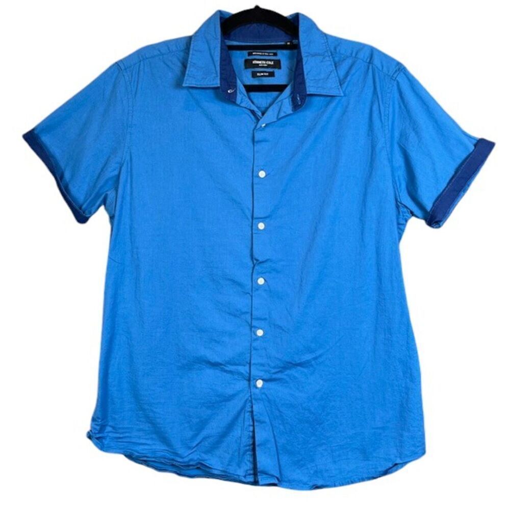 Kenneth Cole Men's Casual Short Sleeve Button Front Shirt Blue‎ Slim Fit Size XL